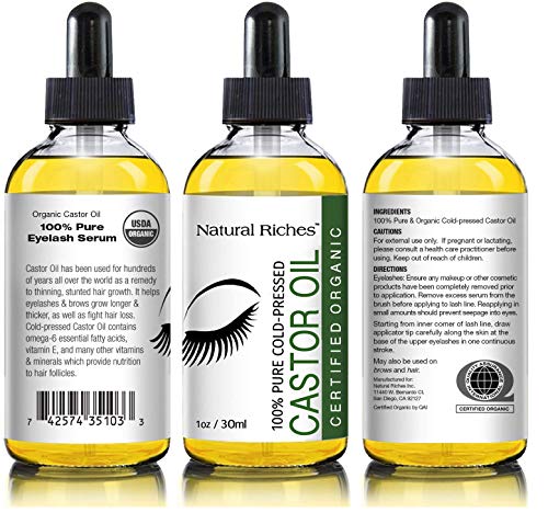 Natural Riches Organic Castor Oil Eyelash Growth Serum Pure USDA Organic certified Cold pressed Promotes Eyebrows & Eyelash Growth with 5 set of brushes- 1 fl oz.