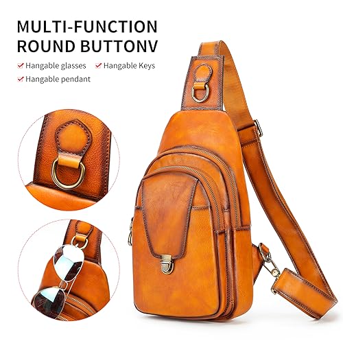 Image of NIUCUNZH Genuine Leather Sling Bag Front Metal-Latch Crossbody Bags Handmade Vintage Chest Shoulder Backpack for Women Men