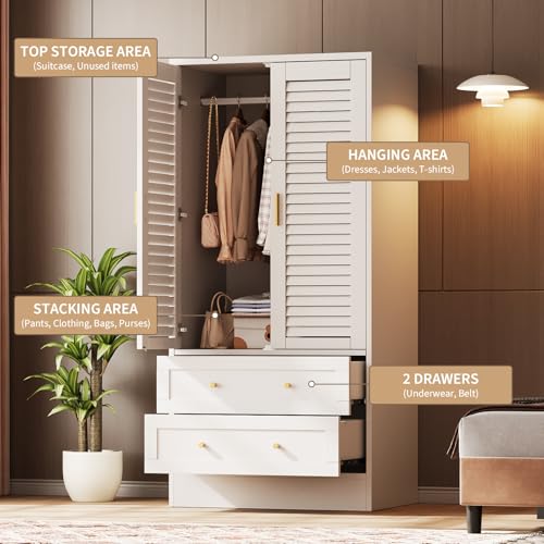 65" Wooden Armoire Wardrobe Closet, Wood Clothing Storage Cabinets with 2 Doors and 2 Drawers, Wooden Wardrobe Closet with Hanging Rod for Bedroom, Cloak Room, Laundry Room, Entrance Hall(White)