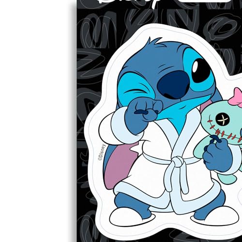 Image of Disney Lilo and Stitch in Robe Adhesive Vinyl Decal - Fun Sleepy Stitch with Scrump Sticker for Car or Truck