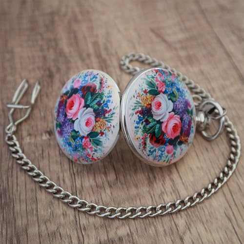 Image of VIGOROSO Vintage Floral Bird Manual Mechanical Pocket Watch for Men & Women - Elegant Wind Up Pocket Watches Skeleton with Chain & Gift Box