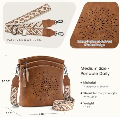 RAINSMORE Women's Medium Leather Crossbody Bag - Lightweight Purse for Weekend Shopping, Everyday Outings, Travel, Designer Trendy Shoulder Handbags with Adjustable Guitar Strap, Multiple Pockets — view 6