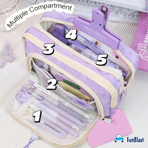 Image of FunBlast Pencil Pouch for Girls, Cute Pencil Case with Multiple Compartments, Aesthetic Stationery Organizer with Drawstring Pocket, Large Capacity Pouch for School, Return Gift for Kids (Purple)