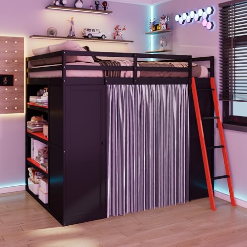Image of Harper & Bright Designs Wood Loft Bed with Gaming Desk,Wardrobe and Bookshelves,Full Loft Bed Frame with Charging Station,RGB Light,Curtains and Pegboard,Black Red