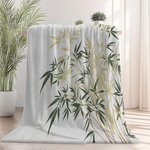 Kuscheldecke Flauschig 200 x 220 cm, Kuscheldecken mit Minimalismus Tuschemalerei Bambus Motiv Fleecedecke Weich & Warme, Weiß Wohndecke Flanell Fluffy Blanket als Sofadecke Tagesdecke