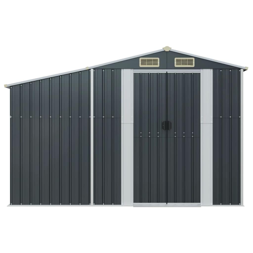Gerätehaus Anthrazit 277x93x179 cm aus verzinktem Stahl - Metallschuppen mit Brennholzregal und Schrägdach - Multifunktionaler Gartenschuppen für Gartengeräte und Kaminholz