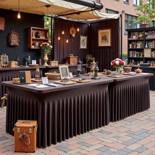 Image of NSSONBEN 2 pk Brown Spandex Tablecloth for 6 Foot Rectangle Tables,Wrinkle Free Fitted Spandex Table Covers 6ft Coffe Stretch Table Cloths with Ruffle Skirt for Parties Weddings Banquet Baby Shower