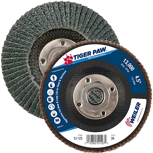 Image of Weiler 51123 4-1 /2 inch Tiger Paw Abrasive Flap Disc, Conical (Ty29), Phenolic Backing, 36Z, 5 /8 inch-11 Unc Nut (Pack of 10)