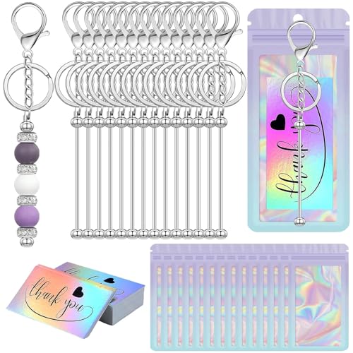 42 Pcs Beadable Keychain Bars Bulk Blank Beaded Keychain Making Kit DIY Bead Keychain Supplies 14 Metal Keychain Bars 14 Bags 14 Thank You Cards Included for Women Men Mothers Day Birthday Gift