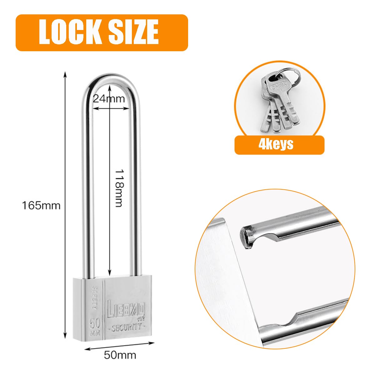 Yaolmkcovs 6.4 Inch Long Shackle Heavy Duty Outdoor Padlock, Silver, 50mm, 2 Keys, Weather Resistant, Corrosion Resistant - Image 2