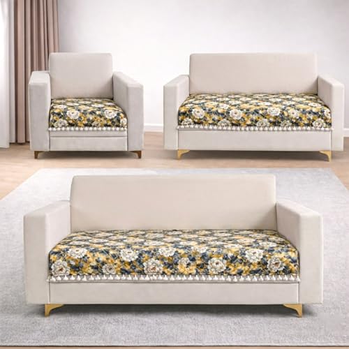 Image of Homerz Premium Printed Quilted Velvet Sofa Slip Cover Protector with Tassels, Sofa Mat, Exact Size, Antislip Cover (Antique Garden, 6 (3+2+1) Seater, Half)