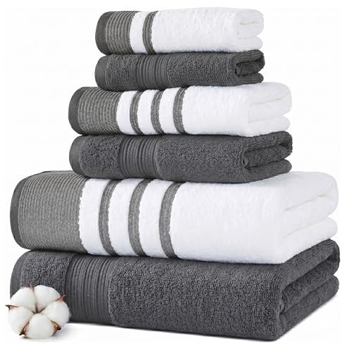 Modern Threads 6-Piece Towel Set 100% Cotton Quick Dry Ultra Absorbent Includes 2 Bath 2 Hand 2 Washcloths (White/Reinhart Charcoal)