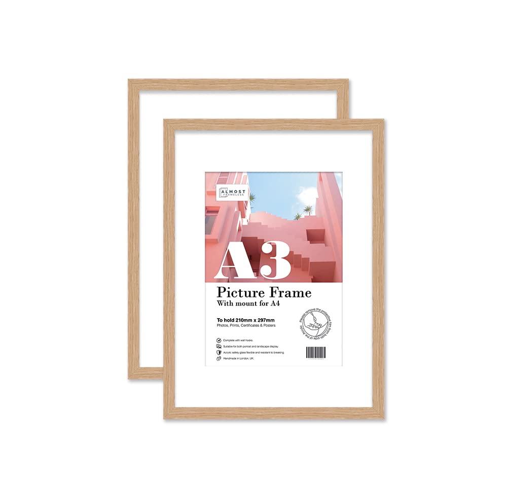 Almost Frameless A3 Oak Picture Frame Set of 2, Display A4 Pictures with Mount or A5 Without Mount Gallery Wall, Poster, Photo, Artwork, or Print, Oak