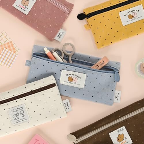 Image of Monolike Happy and Lucky Candy Dot pen case, Blue - Slim Corduroy Style Cotton Pen Pouch, Cute Aesthetic Pastel Stationery Organizer for Office