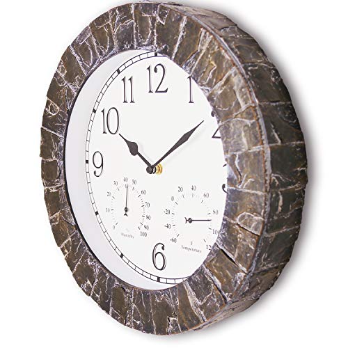 Bestime 『Plastic』 14-Inch Faux-Slate Indoor/Outdoor Weatherproof Stone Wall Clock With Thermometer, Hygrometer. Weather Resistant Is Ideal For Garden, Lanai, Farmhouse, Yard, Home Decoration. #TOP2