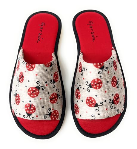 Garzón.Pantuflas Abiertas para Mujer, Diseño de Mariquitas Rojas,Zapatillas de Casa.Verano.Suela Especial Parquet. (Rojo, Una talla, Sistema tallas calzado EU, Adulto, Mujer, Números, mediano, 39)