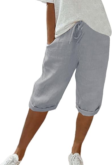 Nidddiv Knielange Damen-Shorts, Baumwolle und Leinen, kurze Hose, lockere  Cropped-Hose mit Taschen, Kordelzug, Freizeithose, einfarbig, Shorts, ...