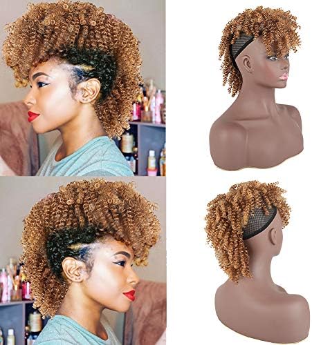 Aisaide High Puff Afro Ponytail Drawstring,Short Curly Ponytail Extension,Mohawk Kinky Synthetic Hair Bun with Bangs,Wrap Updo Clip in Hair Extensions with Six Clips and Two Comb(4/630)