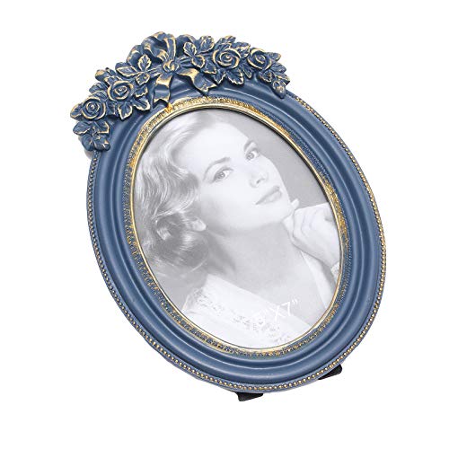 Navy Blue Oval Vintage Picture Frame 5X7 Inch Antique Tabletop Elegant Photo Frame , Flower Textured Hand-Crafted Resin Picture Frame For Home Decor #TOP1