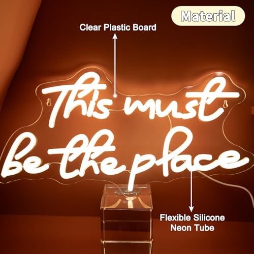 Image of This Must be The Place Wedding Sign, USB Powered Neon Signs with Dimmer and Sticky Hook, Hanging LED Light Sign Decorations, Home Decor for Bedroom Party Wall 16.93 x 8.27 inch