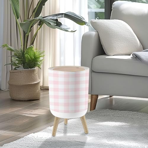Pequeño bote de basura redondo con tapa y patas de madera miniatura 2
