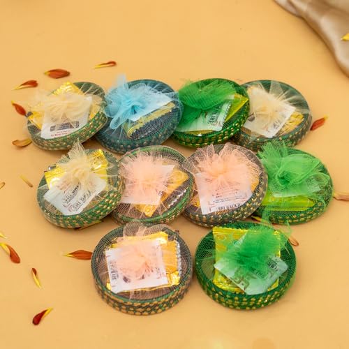 Image of Ekhasa Haldi Kumkum Return Gifts Set of 10 - Pasupu Kumkuma /Manjal Kumkum Packets with Bangles | Traditional Pooja Return Gift for Ladies | Haldi Kunku Gift for Navratri, Varalakshmi Vratham