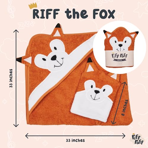 Image of Riff Raff Sweet Fox Hooded Towel - Premium Cotton Baby Towel with Mitt Set - Ultra Soft Machine Washable Cartoon Hooded Baby Towels - Baby Towels with Hood for Newborn Baby, Infants, Toddlers