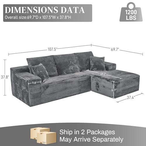 Image of 108 inch Boneless Couches for Living Room, L Shaped Comfy Cloud Modular Sectional Memory Foam Deep Seat Boneless Couch, No Assembly Required Boneless Sofa for Living Room with Right Facing Chaise, Grey