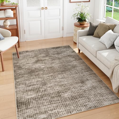 STARUIA Washable Plaid Rugs for Living Room, 5x7 Brown Nursery Home Office
