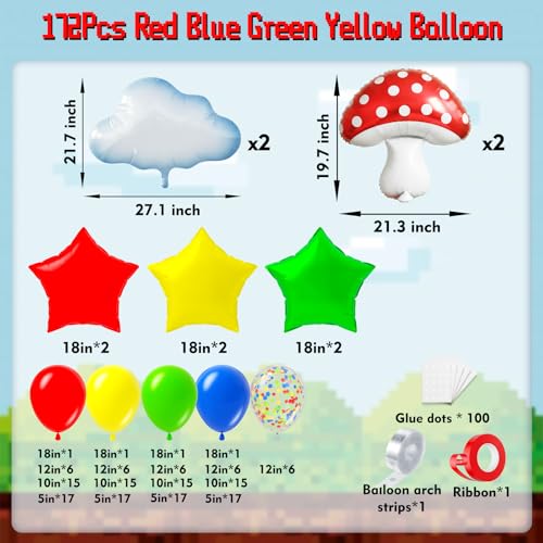 Image of Red Blue Green Yellow Balloon Arch Garland Kit 172pcs with Cloud Mushroom Star Balloons, Video Game Balloon Arch Kit for Gamer Birthday Cartoon Video Game Bros Party Decorations
