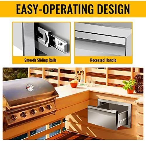 Stainless Steel Outdoor Kitchen BBQ Drawers - Flush Mount Design, 14W x 8.5H x 23D Inch, Perfect for Patio Grill Stations, Durable Storage Solution with Handle
