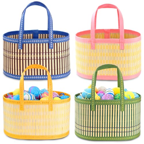 4Pcs Foldable Easter Woven Bamboo Baskets Empty, Oval Easter Basket Bulk Set with Handle, Large...