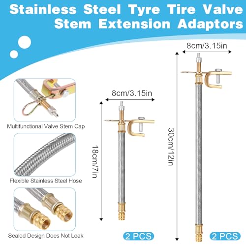 Image of SynHHergyx 10 Pcs Valve Stem Extension, 7 inch /12 inch Stainless Steel Braided Tire Valve Extender Flexible 45 /90 / 135 Degree Brass Valve Stem Kit for Car Truck Motorhome RV Trailer Vehicle