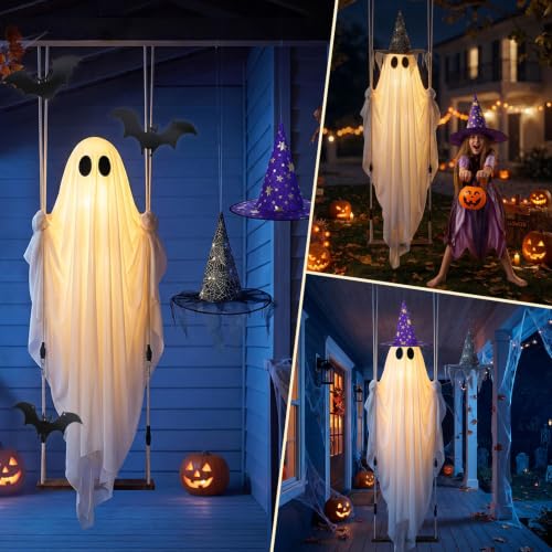 5' Sehloran Hanging Swinging Halloween Ghost w/ Bats & Witch Hat - image 7