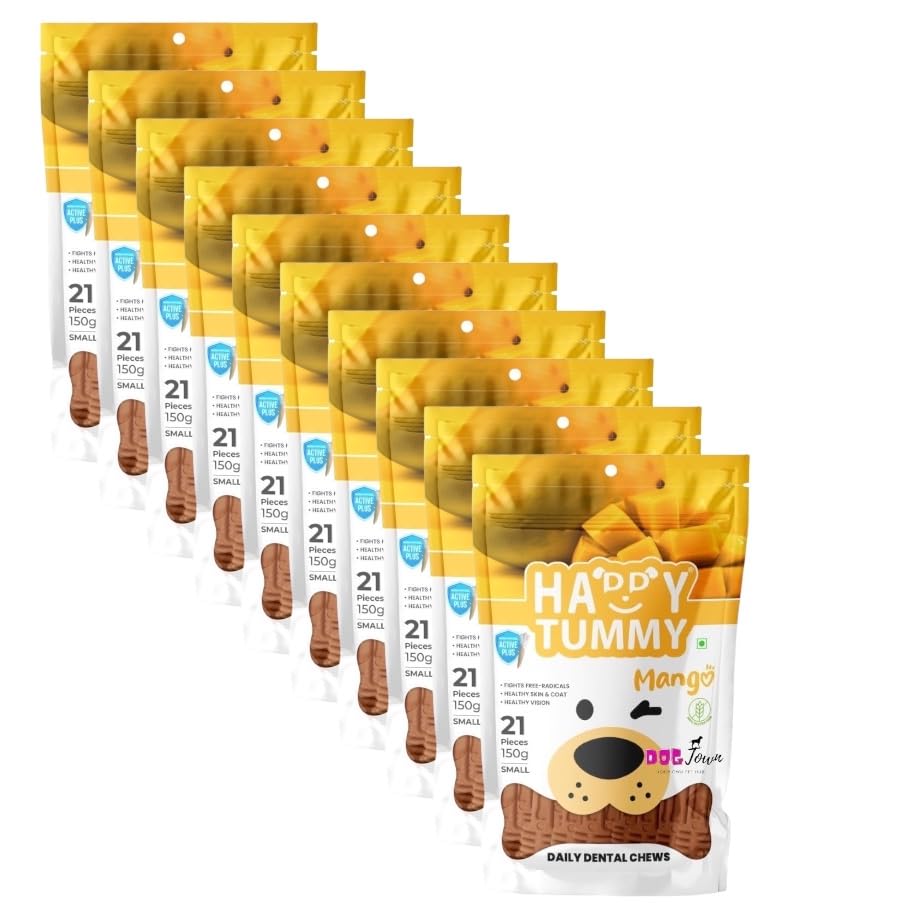 DOGTOWN Happy Tummy Dog Treats - 21 Pieces | Daily Dental Chews for Dogs (Pack of 10, Mango)
