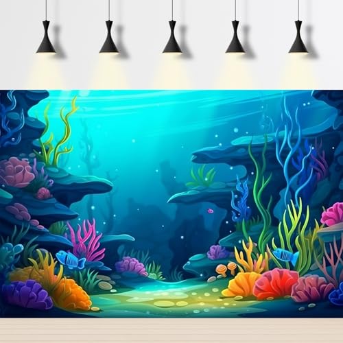 Image of Under The Sea Aquarium Background Cartoon Underwater Scene Coral Reef Terrarium Background Tropical Aquatic Plants Natural Ocean Underwater with Sunbeams Seascape Theme Fish Tank Backdrop 24x12in