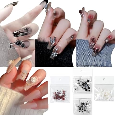 CHARMING MAY 3D Flowers for Nails 4 Packs Camellia Rose Nail Rhinestones for Acrylic Nails Mix Flower Nail Charms for Nail Art Designs DIY Accessories Craft(Camellia Rose) Cover