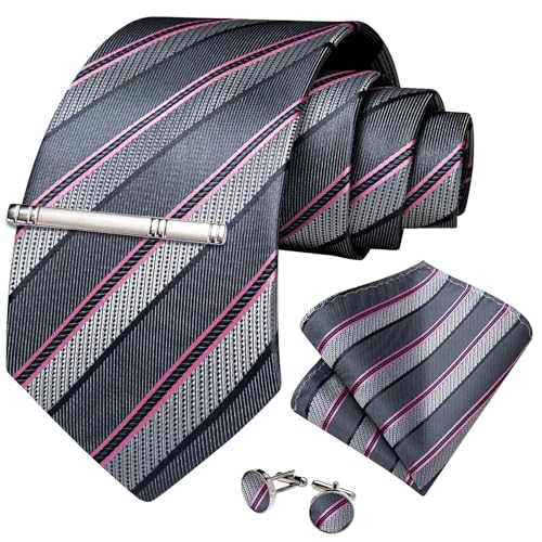 Image of DiBanGu Mens Striped Tie Silk Woven Necktie and Pocket Square Cufflinks Tie Clip Set Wedding Business Formal Gift Tie for Men