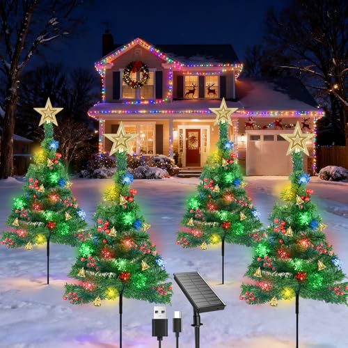 Qoosea Árbol de Navidad con Luces Solares, 4 Luces Solares Exterior Jardin con 80 LED Luces de Copo de Nieve, Impermeable LED Luz Solar Iluminación y carga USB, Decor de Navidad para Patio, Jardín