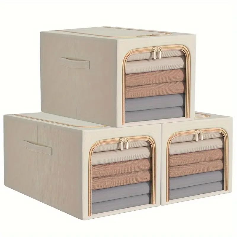 Image of 3 Pack Clothes Storage Bins with Metal Frame, Foldable Clothing Storage Bins with Lids, 31L Stackable Storage Box Storage Bags Fabric Bins Organizer with Clear Window＆ Zippers＆ Sturdy Handles