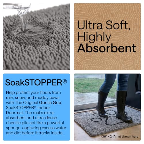 Image of GORILLA GRIP SoakSTOPPER Dog Door Mat, 30x20 Machine Washable Rug Absorbent Doormat Captures Moisture Mud Dirt, Quick Dry Soft Chenille Entryway Rugs Indoor Entrance Mats for Dog Paws, Paw Grey