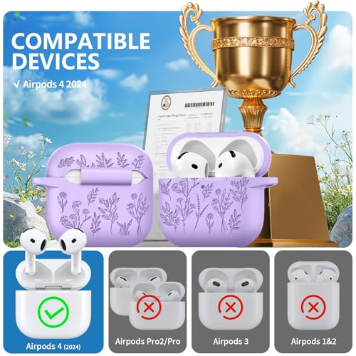 Image of for Airpods 4 Case, Ekoonpft Flower Engraved Cases for Apple AirPods 4th Generation 2024, Soft Silicone Cover for Women Girly with 3-in-1 Cleaner Kit, Keychain, Military Grade Protection