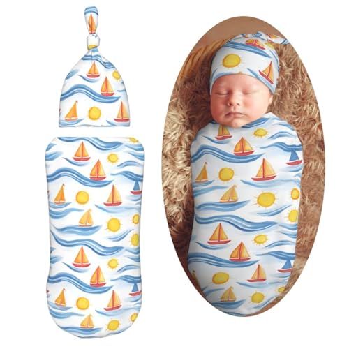 Image of Sunshine and Sail Boats Newborn Swaddle Blankets Hat Sets Soft Baby Receiving Blanket Swaddle Sack for Baby Shower Infant Boy Girl Gift