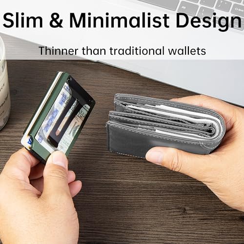 Image of Minimalist Carbon Fiber Wallet for Men, Money Clip Cash Strap Wallet, RFID Blocking Metal Wallet Aluminum Card Holder,Front Pocket Wallet(Matte Green)