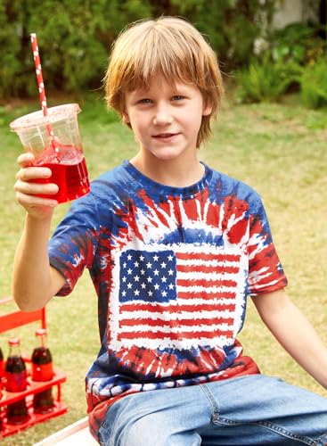 Image of BesserBay Unisex Kids 4th of July American Flag Tee Tie Dye Patriotic Short Sleeve Shirt 6-14 Years