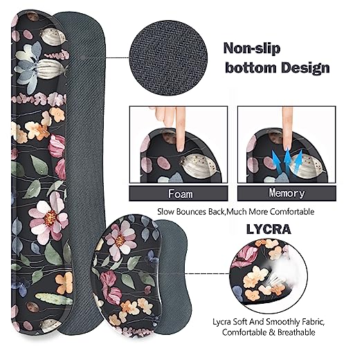 Image of ARTSO Gaming Mouse Pad Wrist Support Set, XXL Large Desk Mat Mousepad + Keyboard Wrist Support+ Mouse Wrist Rest+Coaster 4in1 Ergonomic, Memory Foam, Stitched Edge for Home Office -Flowers Plants