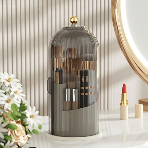 Lyoveu B-H1 Makeup Brush Holder with Dustproof Cover 360 Rotating Makeup Brushes Organizer for Vanity Desktop Bathroom (Gray)