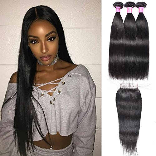 Mother's Day Gifts Unprocessed Human Hair Weave Straight Natural Black Color Three Bundles Straight Hair 18" 18" 18" with 16In closure 44 Free part(18 18 18+16closure)