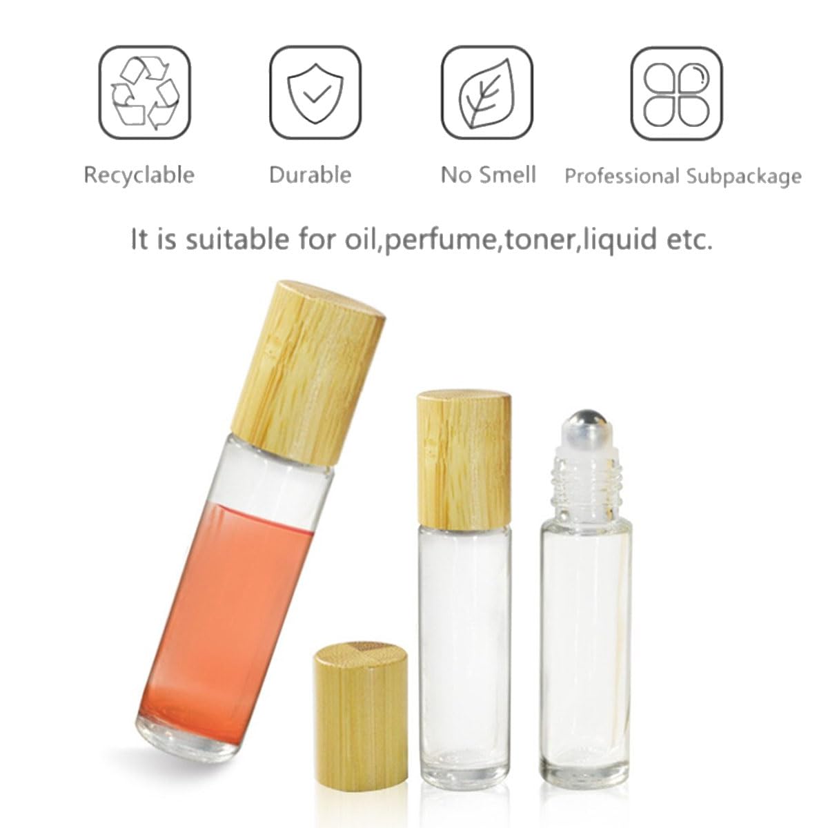 LEEQ 6Pcs Roll-on Bottles Riutilizzabile - Bottiglie di Rullo, Contenitori in Vetro con Sfere in Acciaio Inossidabile e Coperchio di bambù Imitazione per Olio Essenziale Profumi Balsami per Labbra