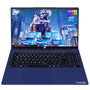NIMO Laptop 15,  Zoll Full HD: 16GB RAM, 1TB SSD, Intel N100, USB-C 65W, Fingerabdruck, Beleuchtete Tastatur, Leichter Computer für Arbeit & Studium, Blau